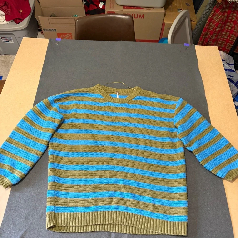 Free People Striped Knit Sweater Womens Size Medium Blue Olive Green